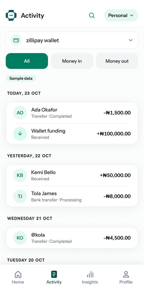 Activity screen grouped by day with Money in and Money out filters