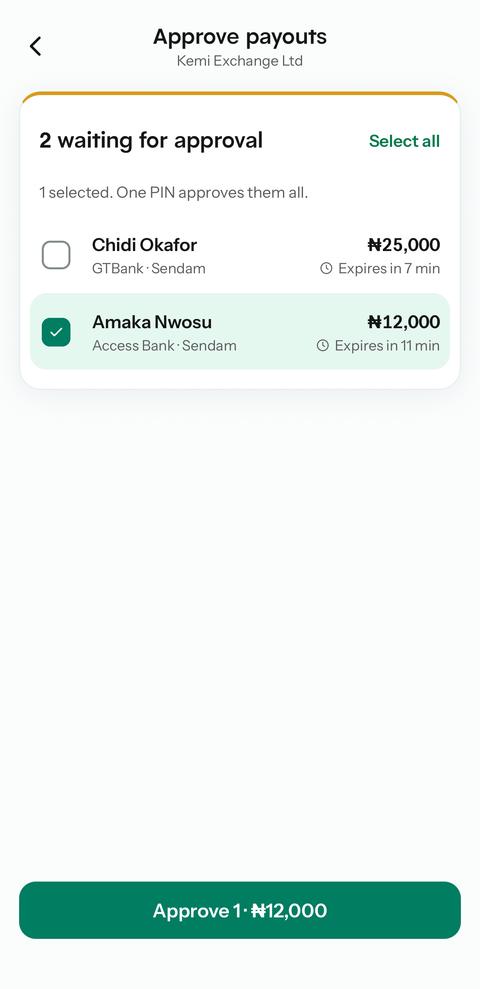 Approve payouts screen with two waiting payouts, one selected