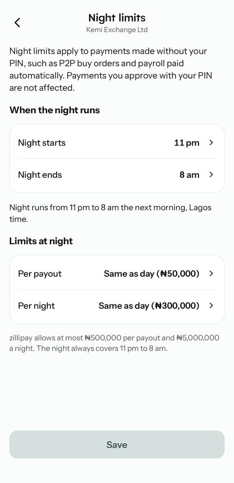Night limits screen with start and end times and per-payout and per-night limits