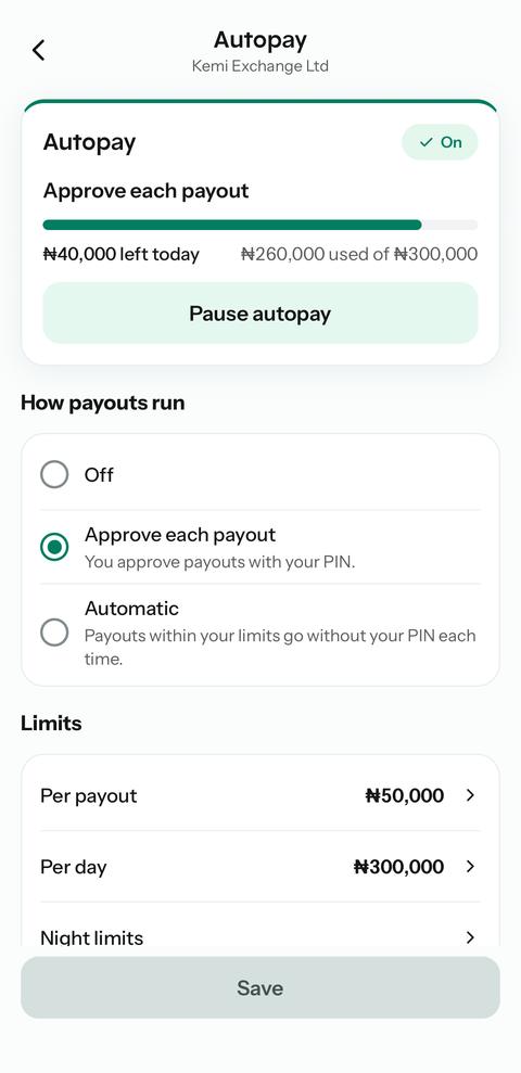 Autopay screen with Approve each payout selected, limits and a Pause autopay button