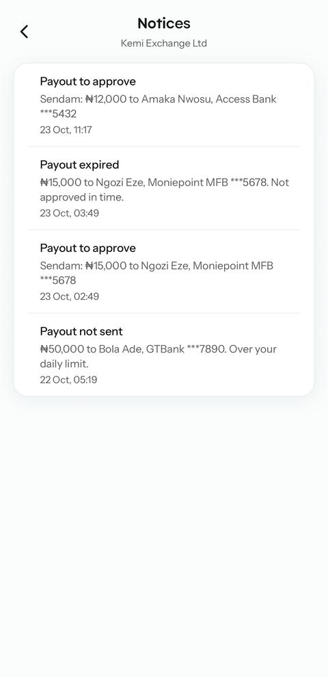 Business notices list with payouts to approve, an expired payout and one not sent