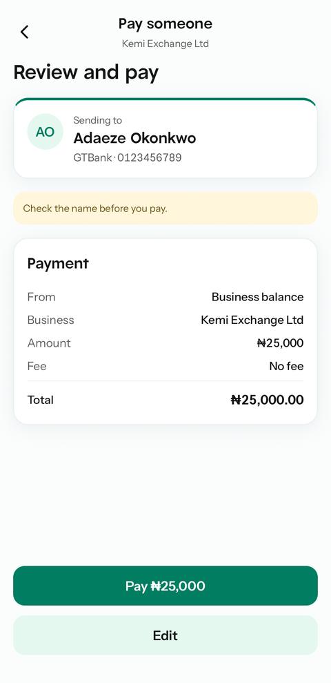 Review and pay screen from the business balance with no fee