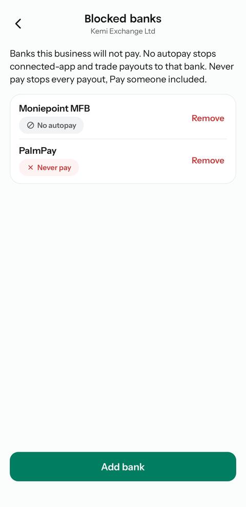 Blocked banks list with one bank set to No autopay and one to Never pay