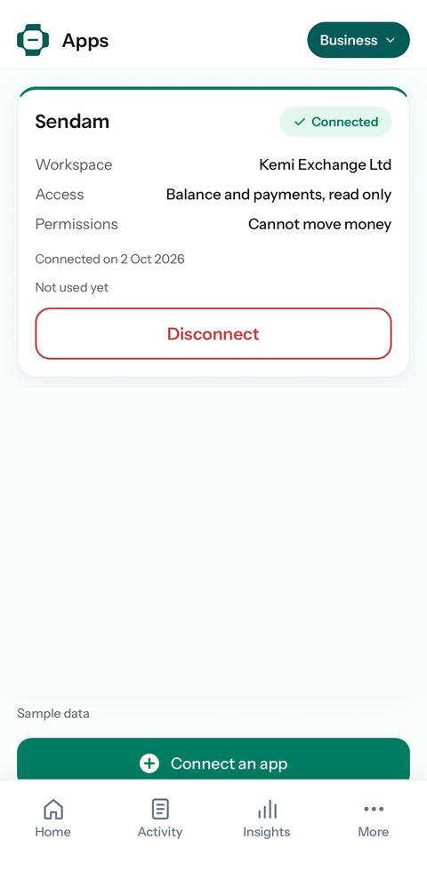 Apps screen showing Sendam connected with balance and payments read only