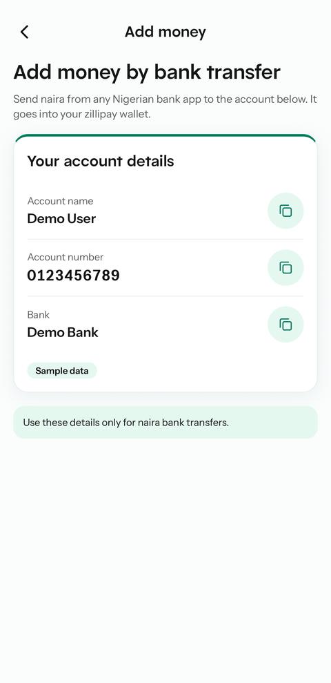 Add money screen with sample account name, account number and bank, each with a copy button