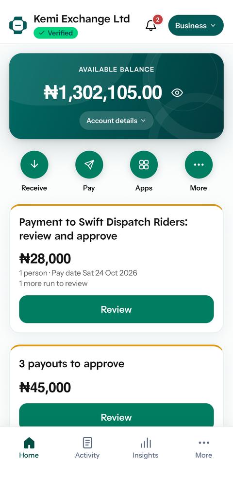 Business home with a sample balance and payouts waiting for approval