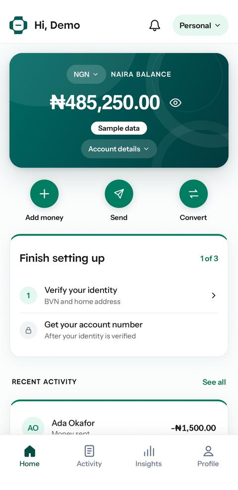Personal home with a sample naira balance