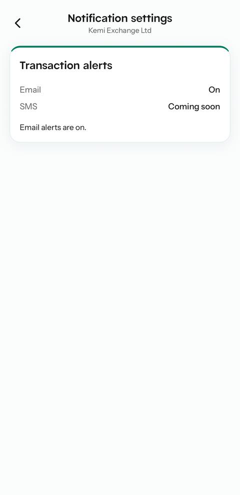Notification settings with email on and SMS marked coming soon