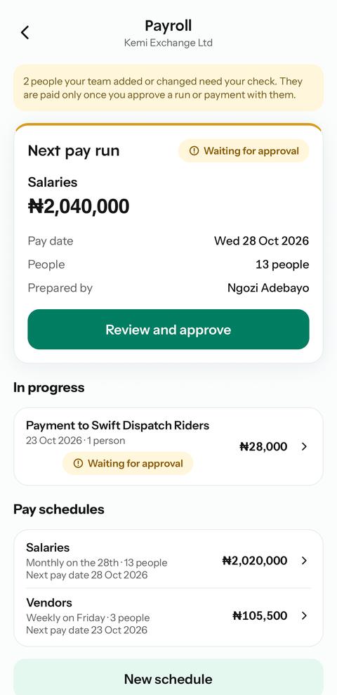 Payroll home with the next pay run waiting for approval and two pay schedules