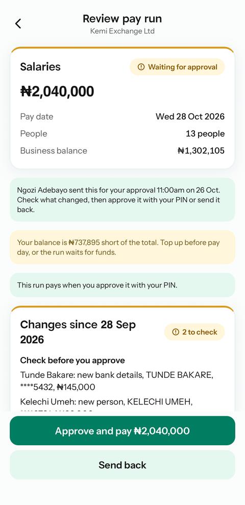 Review pay run with the total, pay date, people and a changes-since-last-month list