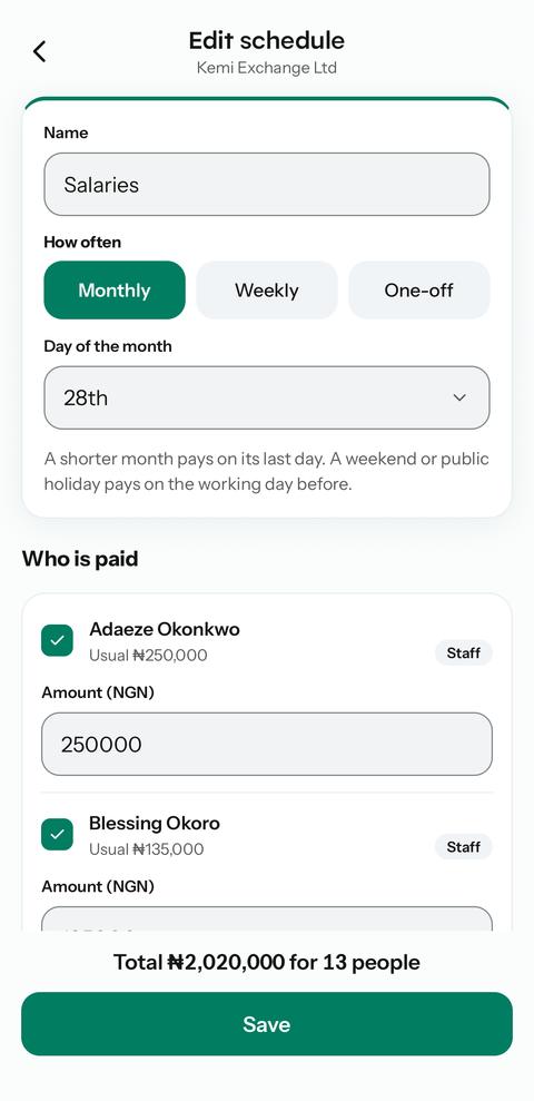 Edit schedule screen with a monthly salaries run on the 28th