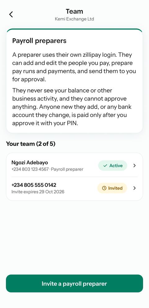 Payroll preparers list with one active preparer and one invite