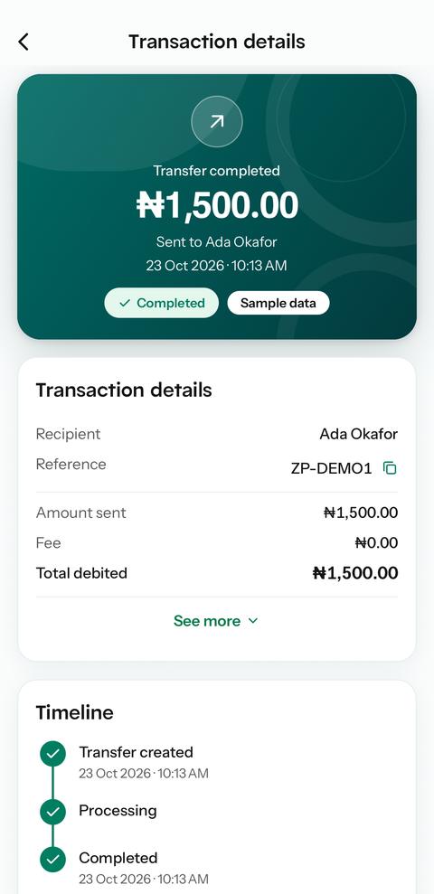 Transaction details screen with a sample transfer and its timeline