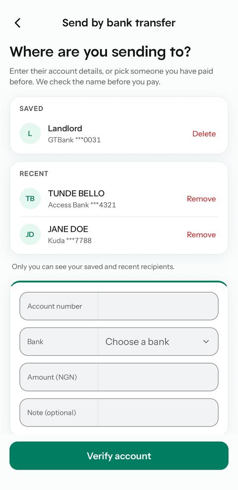 Send screen with a saved Landlord recipient and two recent recipients