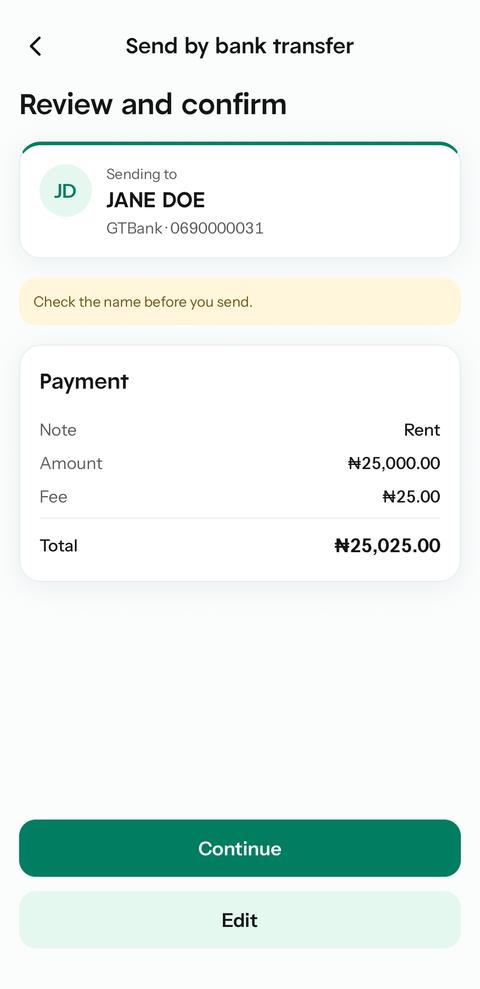 Review and confirm screen showing the recipient name, a 25,000 naira amount, a 25 naira fee and the total