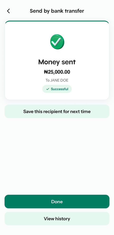 Money sent result screen with a Save this recipient button