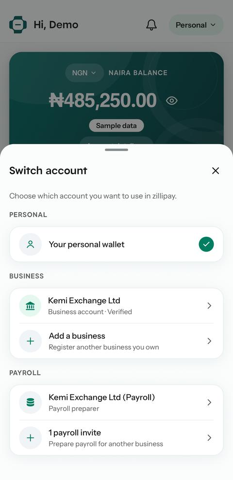 Switch account sheet listing a personal wallet, a business and a payroll role